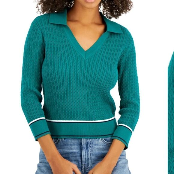 Tommy Hilfiger Women Cotton Johnny Collar Cable Knit Sweater Green Size XS NWT - Picture 1 of 6